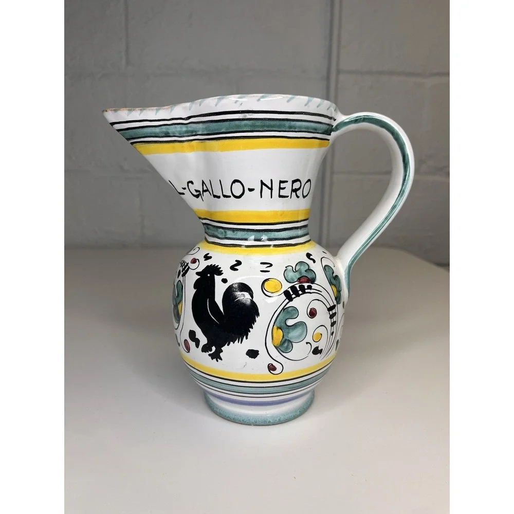 Deruta Pitcher Black Rooster Floral Jug Ristorante Gallo Nero Green Yellow Italy